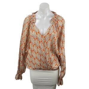 Tinley Women's Coral Leaf Abstract V Neck Ruffle Long Sleeve Blouse Top Size M